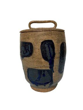 Midcentury Modern Brown And Blue Drip Glaze Stoneware Pottery Canister Jar